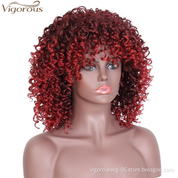 Vigorous Wine Red Mixed Wig Curly Synthetic Hair for Black Women with Bangs Kinky Curly Hair Wigs Heat Resistant Fiber